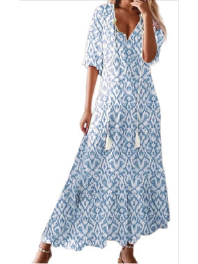 NEW Floral Loose Lightweight Beach 3/4 Ruffle Sleeve Maxi Dress V Neck A Line M